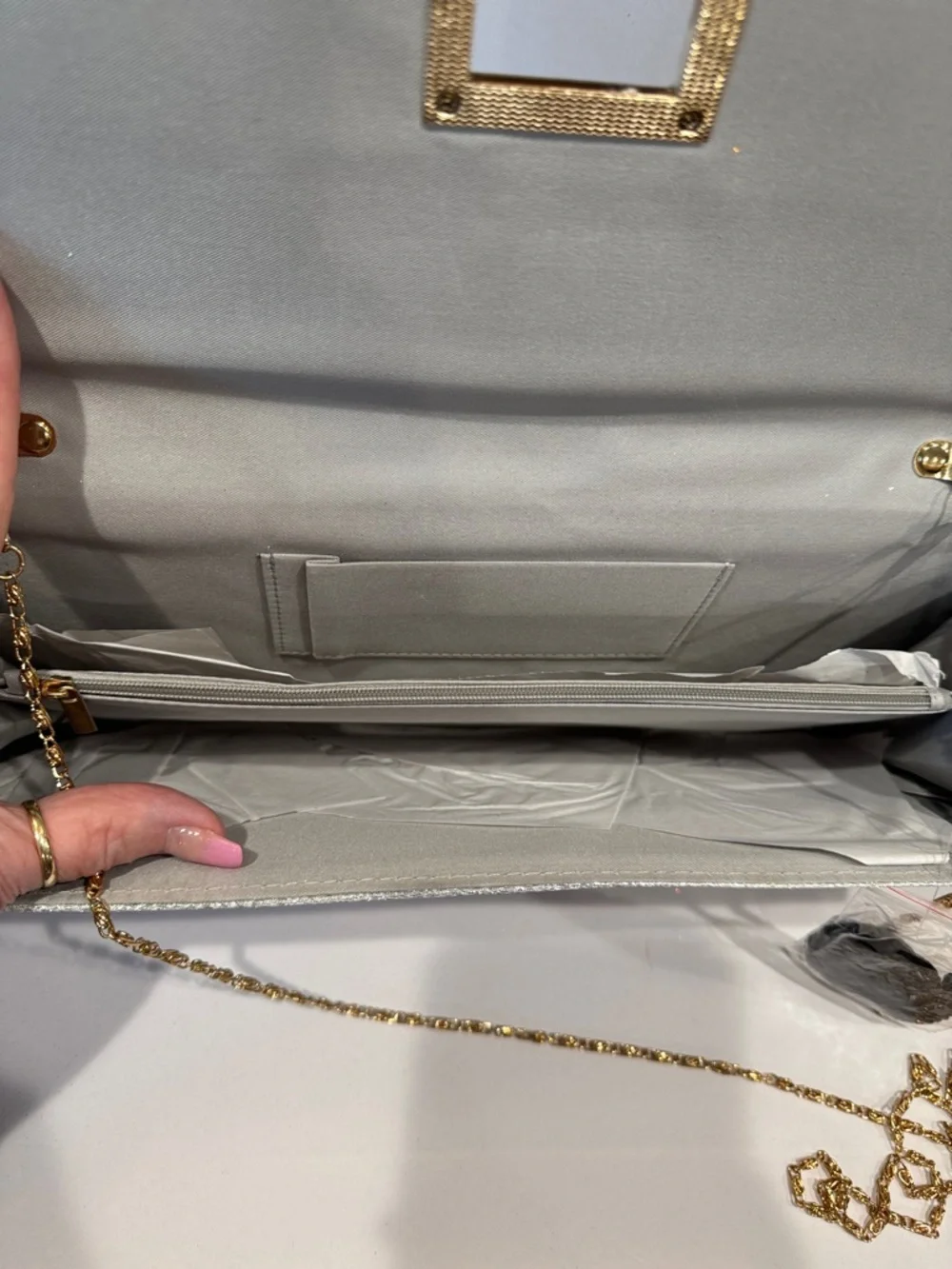 D’margeaux Silver Metallic Evening Clutch or crossbody with Gem closure Accent - Picture 6 of 9